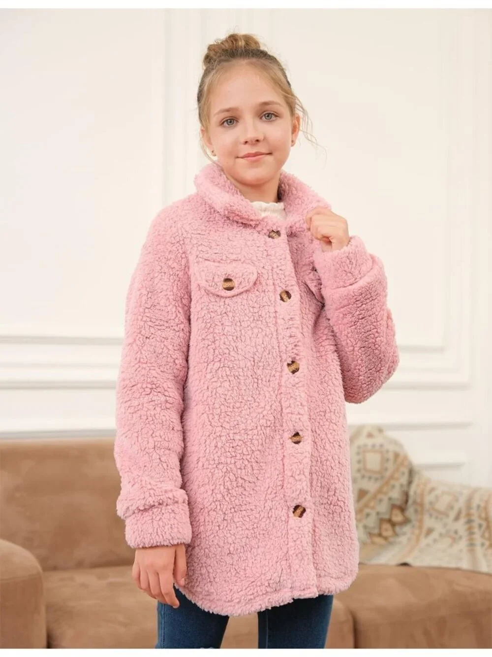 Kids Girl's Pink Polyester Casual Button Down Sherpa Faux Fur Fleece Jacket